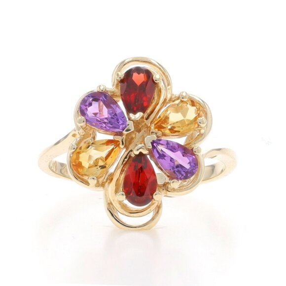 Yellow Gold Garnet Amethyst Citrine Cluster Bypass Ring -10k Pear 1.30ctw Flower